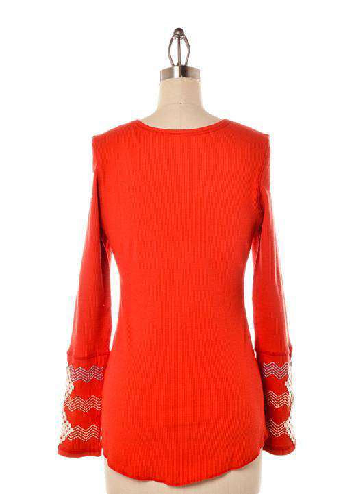 Long Sleeve Vixen Waffle Shirt in Red with Diamond Sleeve Detail by Judith March - Country Club Prep