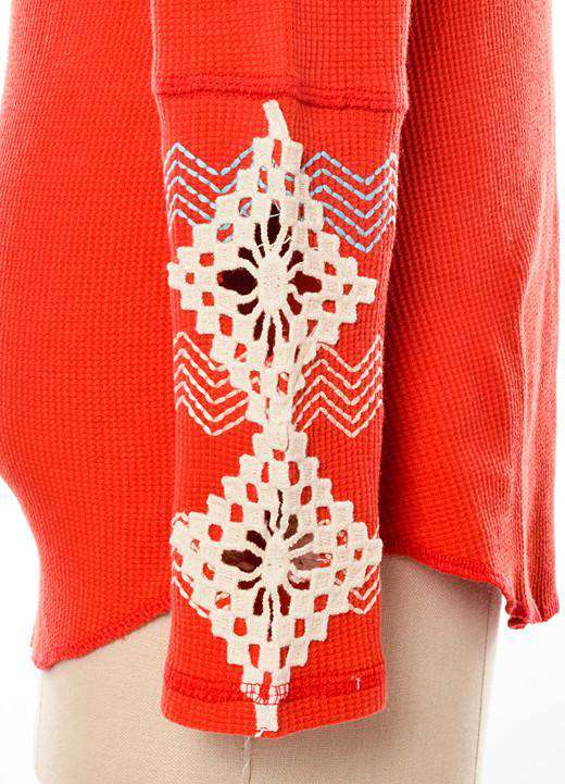 Long Sleeve Vixen Waffle Shirt in Red with Diamond Sleeve Detail by Judith March - Country Club Prep