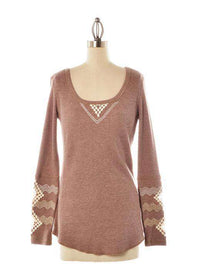 Long Sleeve Waffle Shirt in Mocha with Diamond Sleeve Detail by Judith March - Country Club Prep