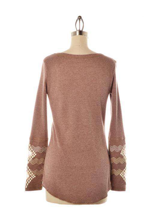 Long Sleeve Waffle Shirt in Mocha with Diamond Sleeve Detail by Judith March - Country Club Prep