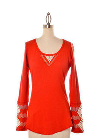 Long Sleeve Waffle Shirt in Red with Diamond Sleeve Detail by Judith March - Country Club Prep