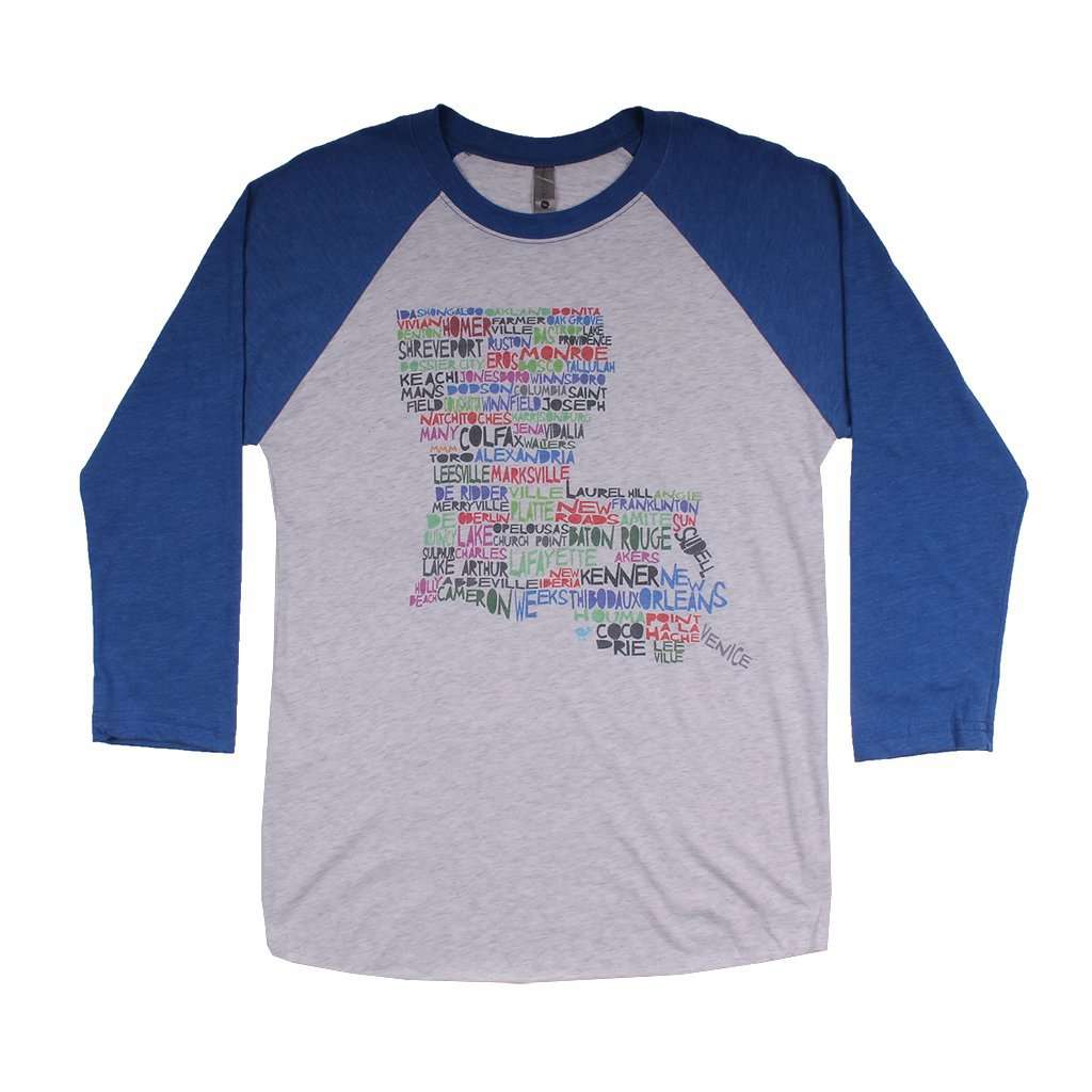 Louisiana Cities and Towns Raglan Tee Shirt in Royal Blue by Southern Roots - Country Club Prep