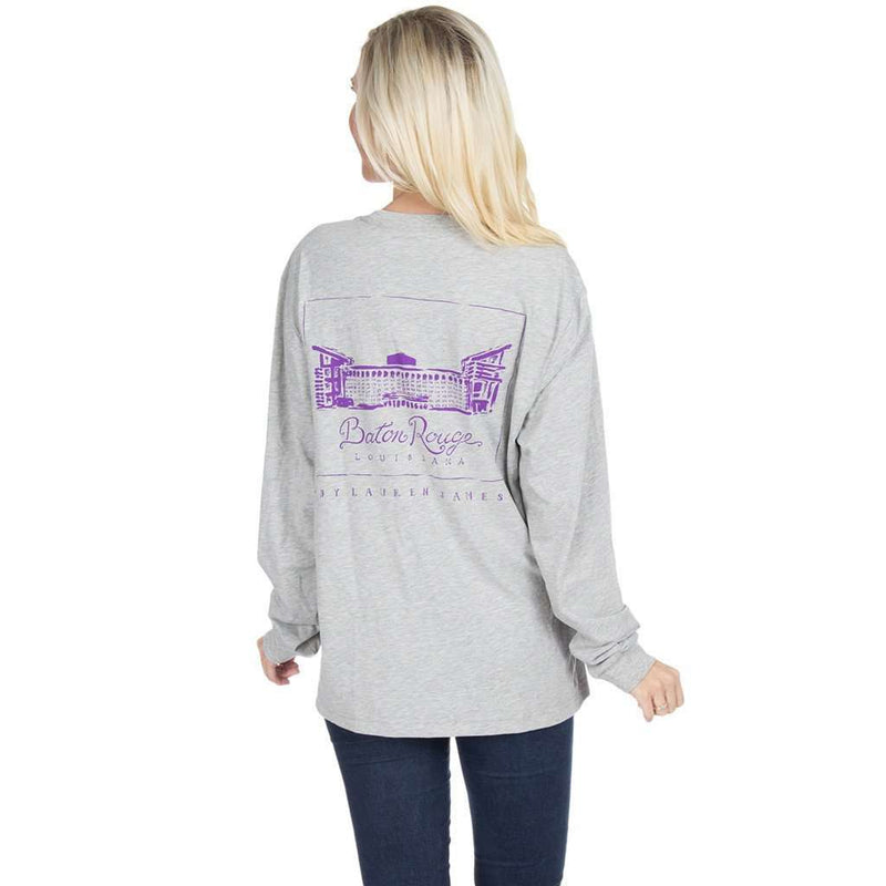 Louisiana State University Long Sleeve Stadium Tee in Heather Grey by Lauren James - Country Club Prep