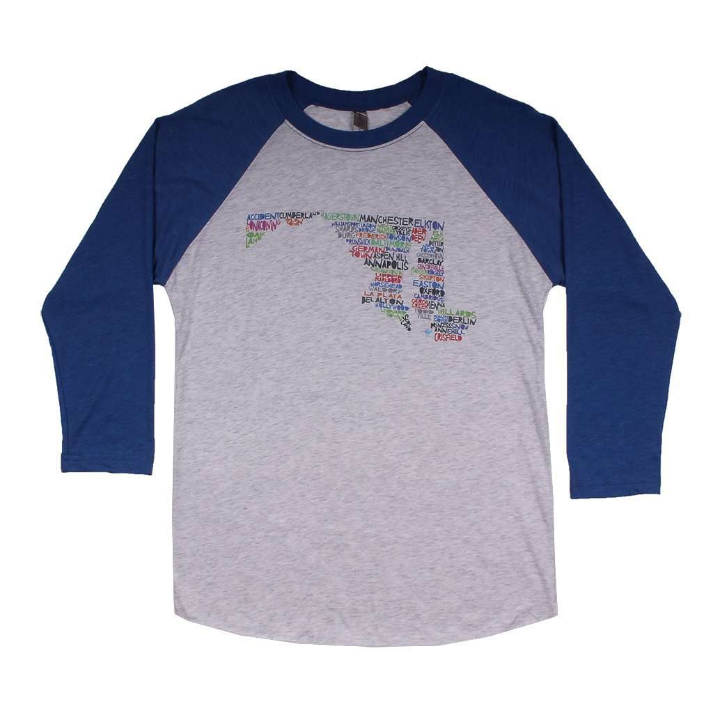 Maryland Cities and Towns Raglan Tee Shirt in Royal Blue by Southern Roots - Country Club Prep