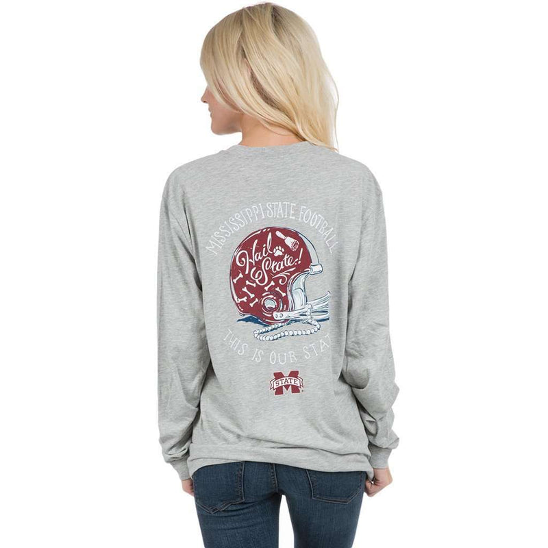 Mississippi State University Helmet Long Sleeve Tee in Heather Grey by Lauren James - Country Club Prep