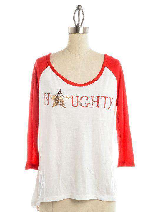 "Naughty" Baseball Tee in White by Judith March - Country Club Prep