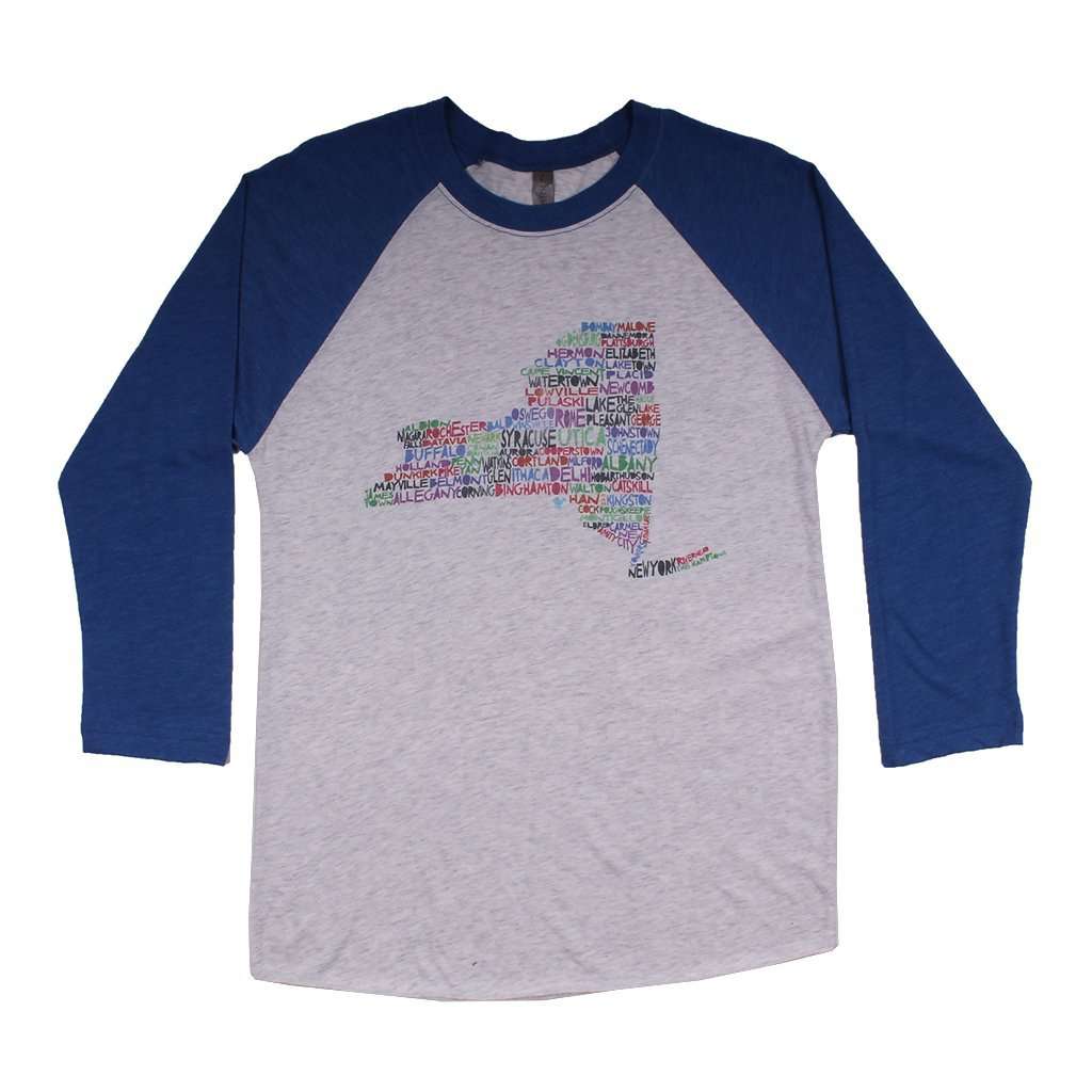 New York Cities and Towns Raglan Tee Shirt in Royal Blue by Southern Roots - Country Club Prep