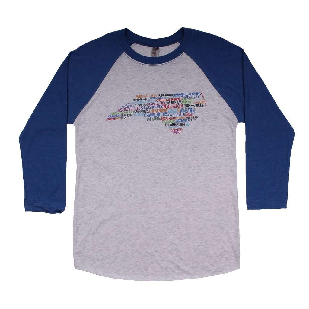 North Carolina Cities and Towns Raglan Tee Shirt in Royal Blue by Southern Roots - Country Club Prep