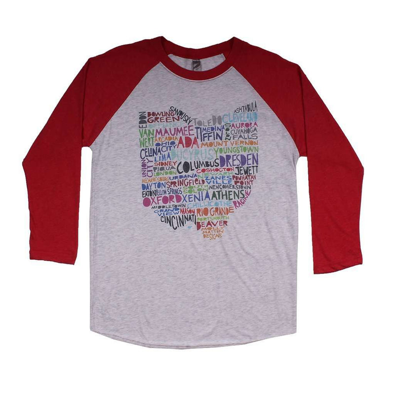 Ohio Cities and Towns Raglan Tee Shirt in Red by Southern Roots - Country Club Prep