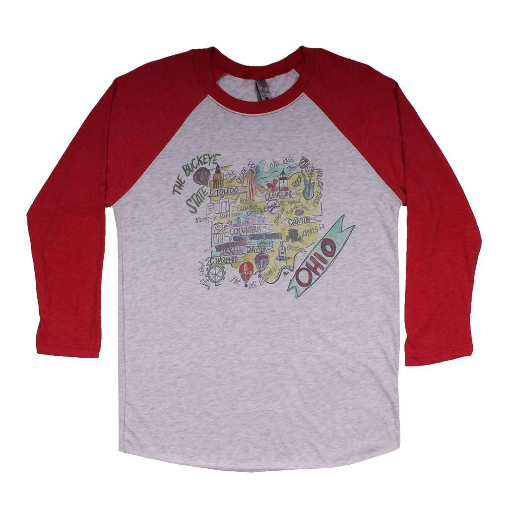 Ohio Roadmap Raglan Tee Shirt in Red by Southern Roots - Country Club Prep