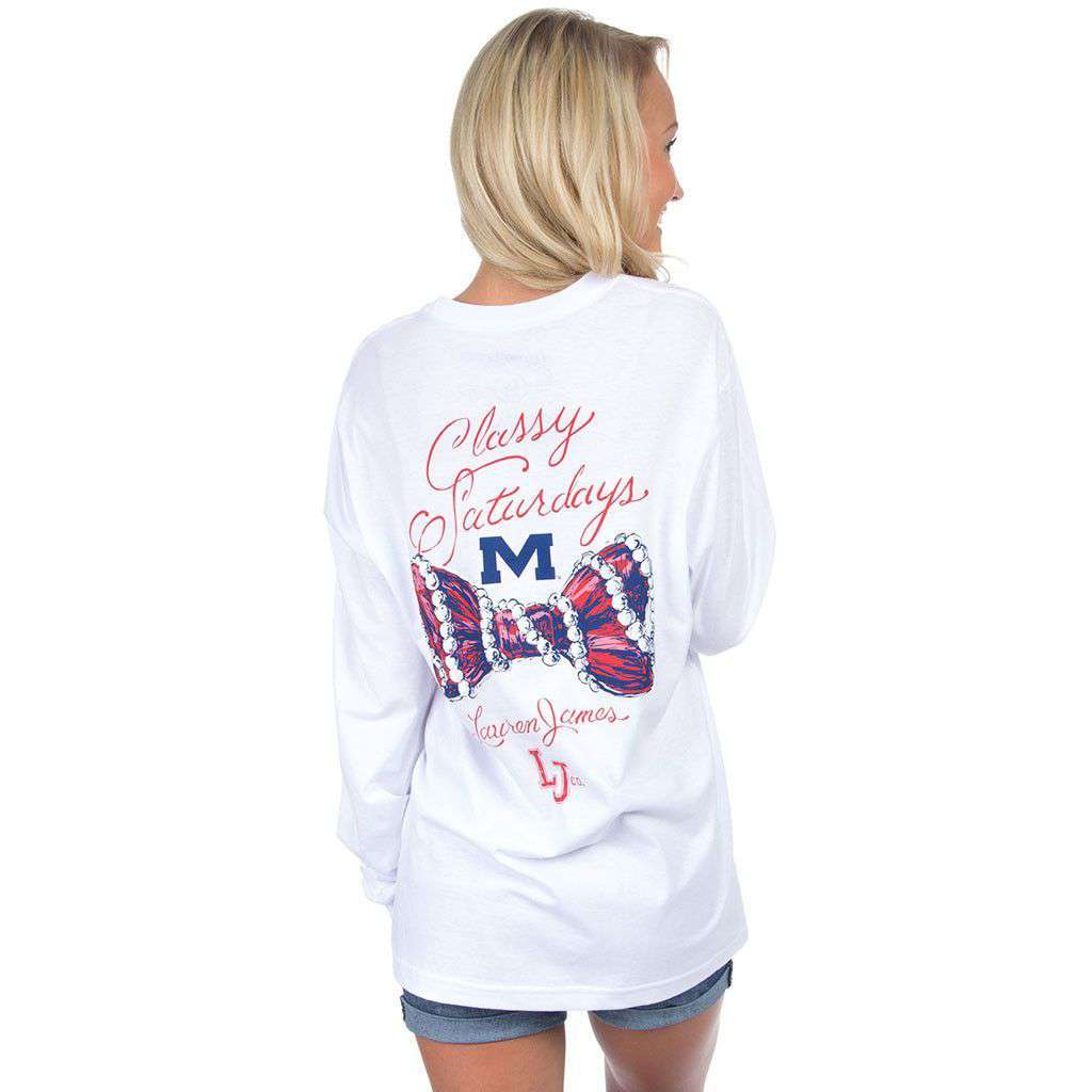 Ole Miss Classy Saturday Long Sleeve Tee in White by Lauren James - Country Club Prep