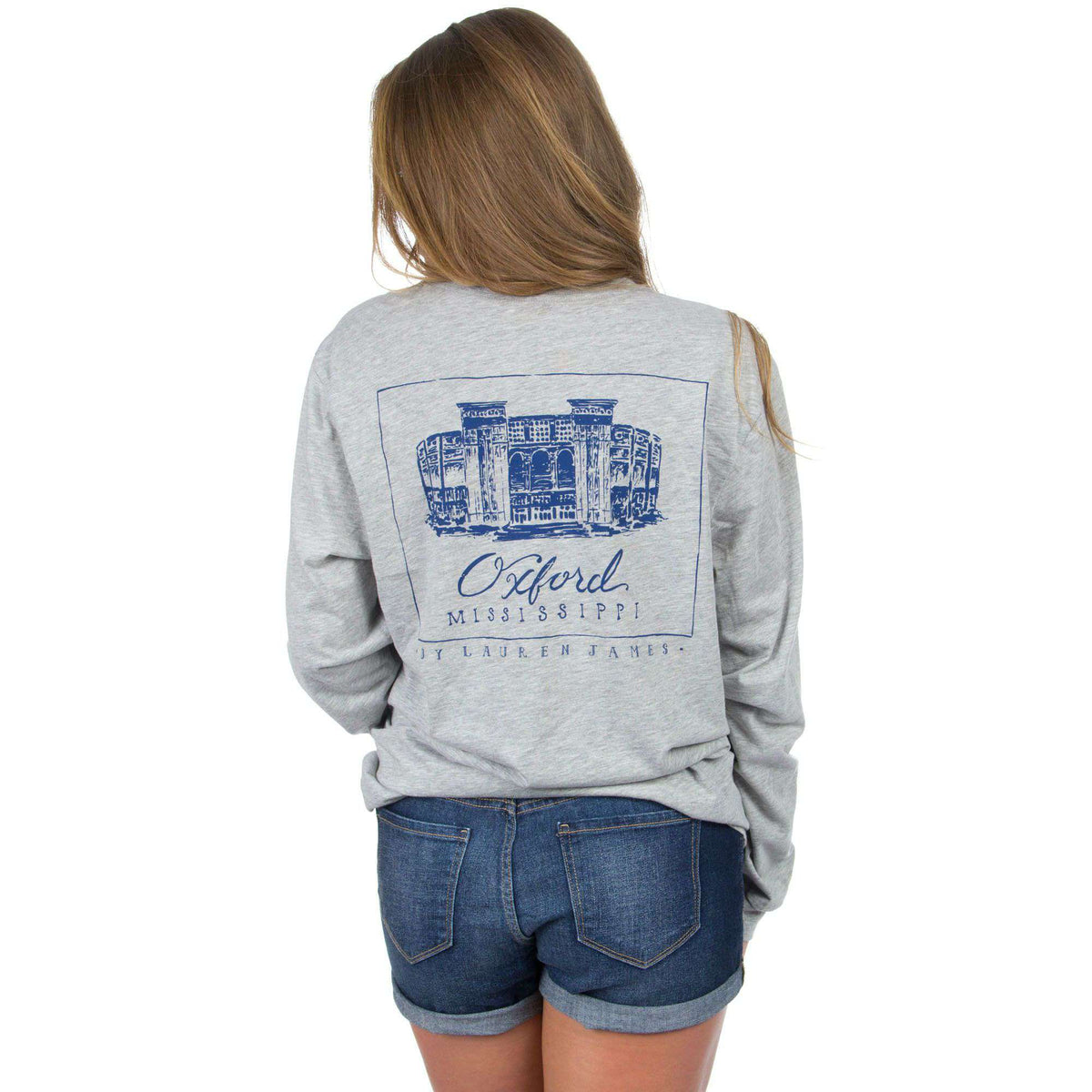 Ole Miss Long Sleeve Stadium Tee in Heather Grey by Lauren James - Country Club Prep