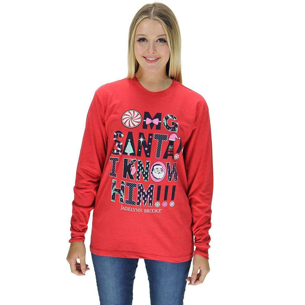 OMG Santa! I Know Him! Long Sleeve Tee in Heather Red by Jadelynn Brooke - Country Club Prep