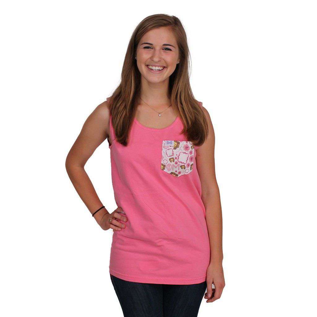 Phi Mu Tank Top in Watermelon with Pattern Pocket by the Frat Collection - Country Club Prep