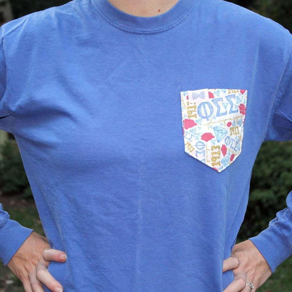 Phi Sigma Sigma Long Sleeve Tee Shirt in Neon Blue with Pattern Pocket by the Frat Collection - Country Club Prep