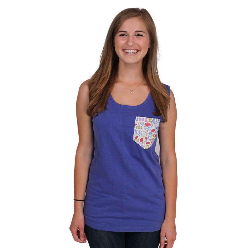 Phi Sigma Sigma Tank Top in Neon Blue with Pattern Pocket by the Frat Collection - Country Club Prep