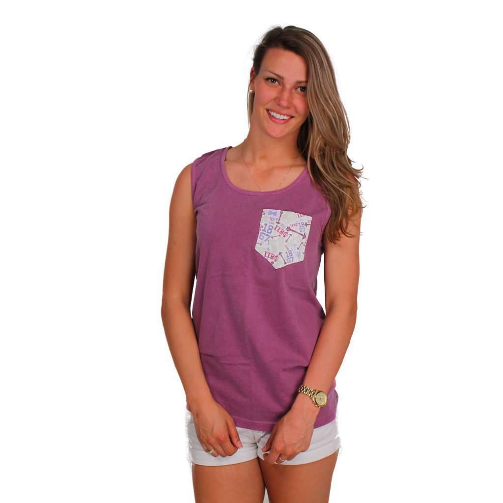 Pi Beta Phi Tank Top in Berry with Pattern Pocket by the Frat Collection - Country Club Prep