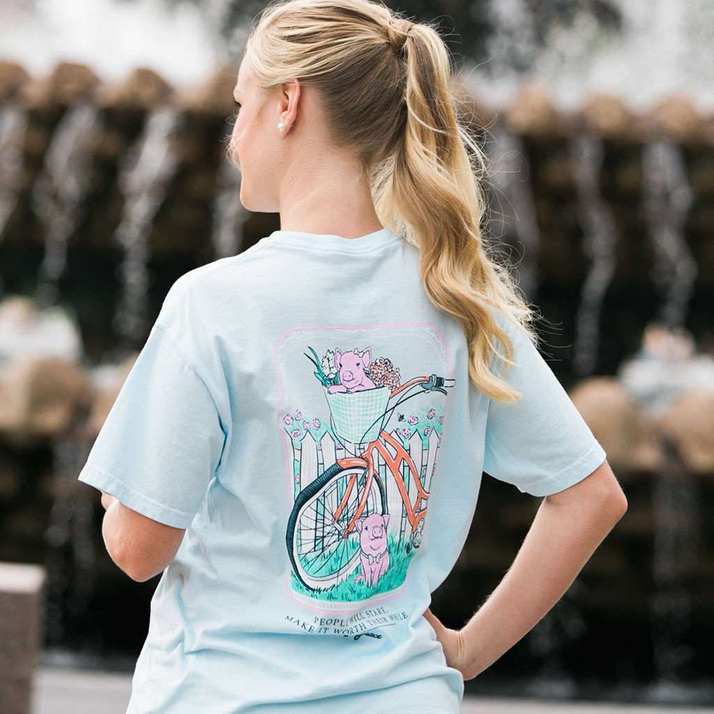 Pigs on Bike Tee in Chambray by Lily Grace - Country Club Prep