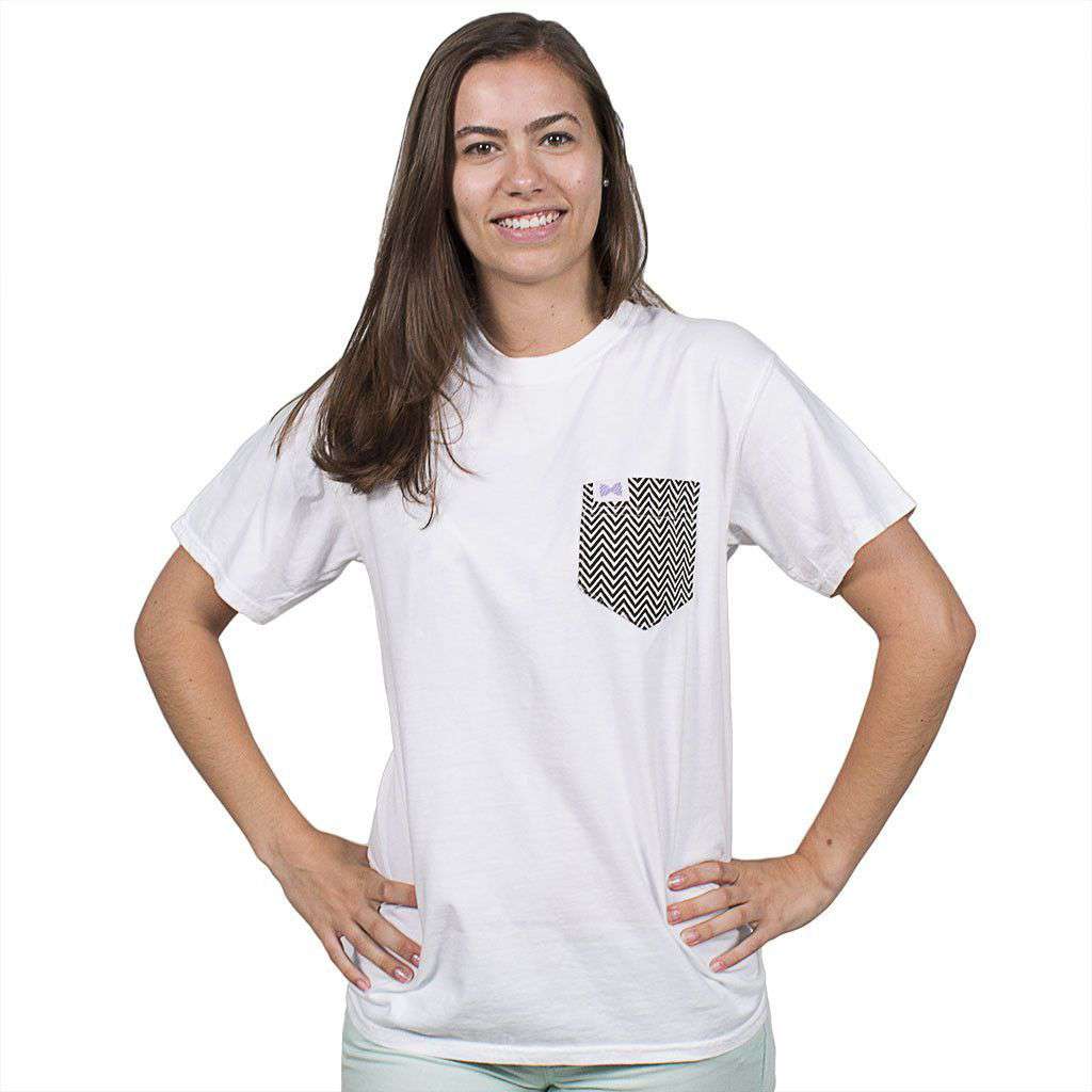 Pocket Tee Shirt in White with Black Chevron Pocket by The Frat Collection - Country Club Prep