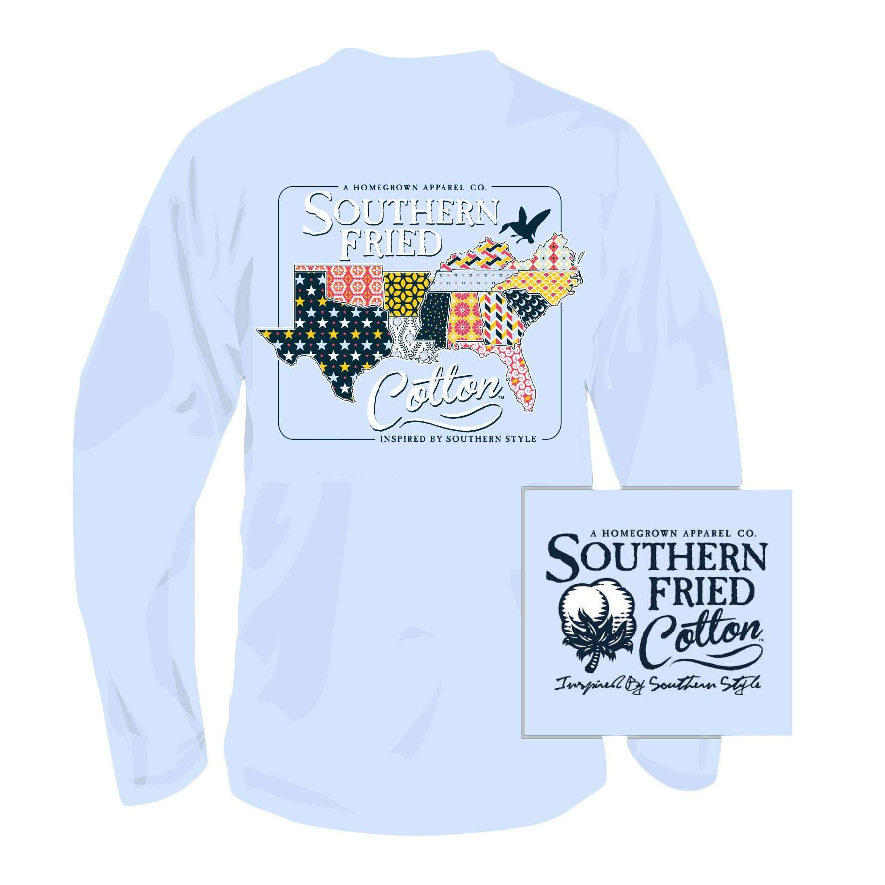 Quilted South Long Sleeve Tee Shirt in Chalky Blue by Southern Fried Cotton - Country Club Prep
