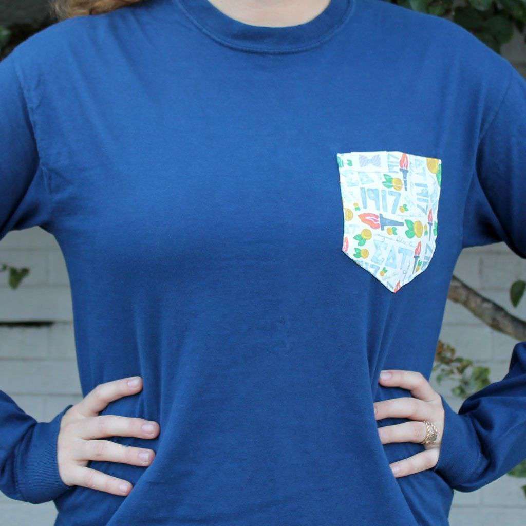 Sigma Delta Tau Long Sleeve Tee Shirt in True Navy with Pattern Pocket by the Frat Collection - Country Club Prep