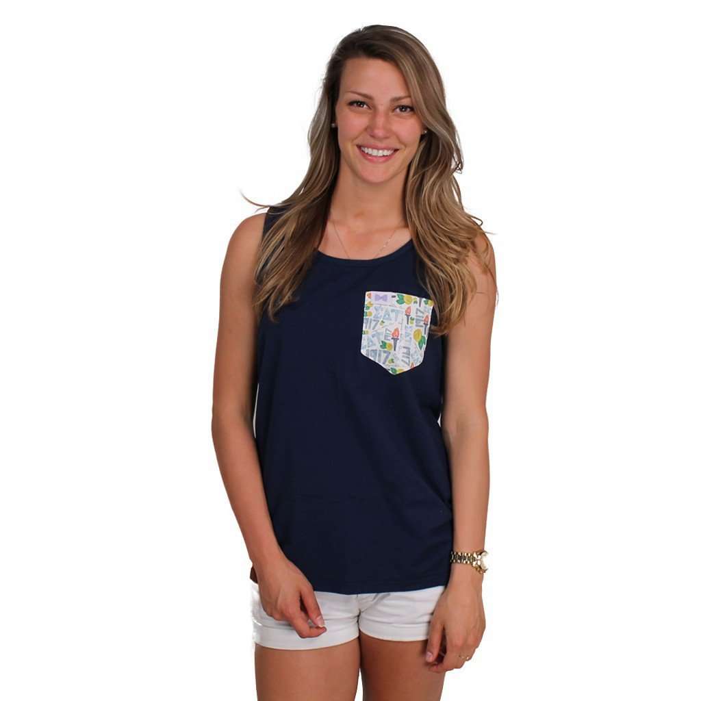 Sigma Delta Tau Tank Top in True Navy with Pattern Pocket by the Frat Collection - Country Club Prep