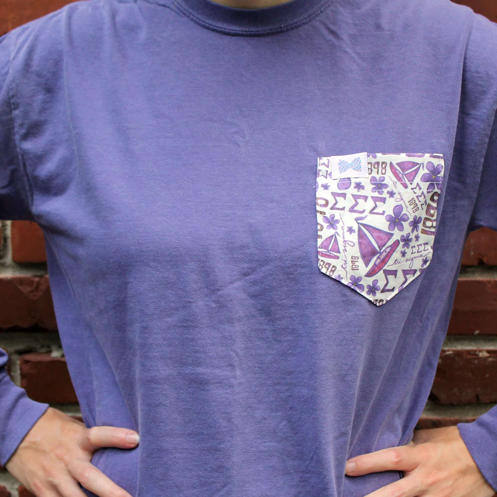 Sigma Sigma Sigma Long Sleeve Tee Shirt in Grape with Pattern Pocket by the Frat Collection - Country Club Prep