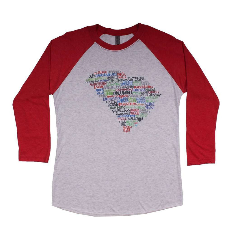 South Carolina Cities and Towns Raglan Tee Shirt in Red by Southern Roots - Country Club Prep