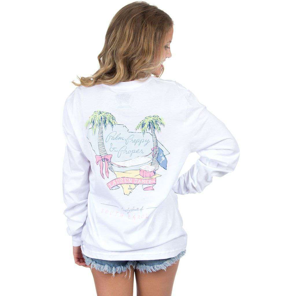 South Carolina Palm Preppy Long Sleeve Tee in White by Lauren James - Country Club Prep