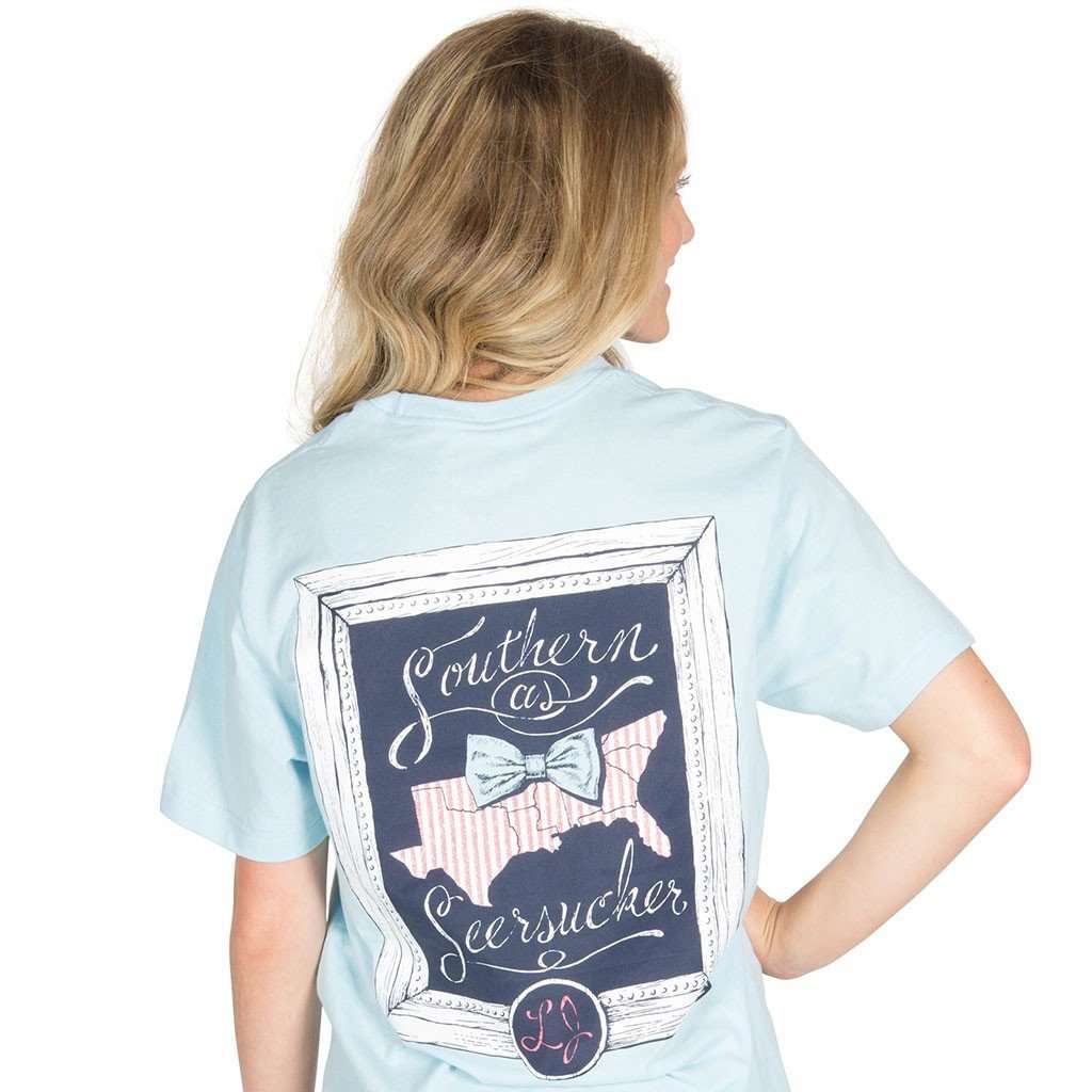 Southern as Seersucker Pocket Tee in Light Blue by Lauren James - Country Club Prep