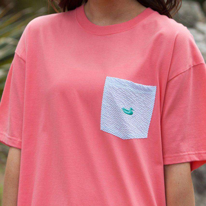 Stewart Seersucker Pocket Tee in Coral Red w/ Blue by Southern Marsh - Country Club Prep