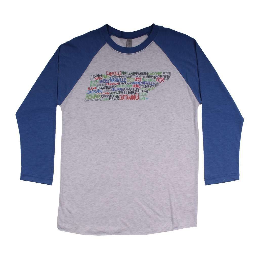 Tenessee Cities and Towns Raglan Tee Shirt in Royal Blue by Southern Roots - Country Club Prep