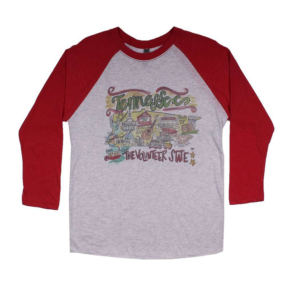 Tennessee Roadmap Raglan Tee Shirt in Red by Southern Roots - Country Club Prep