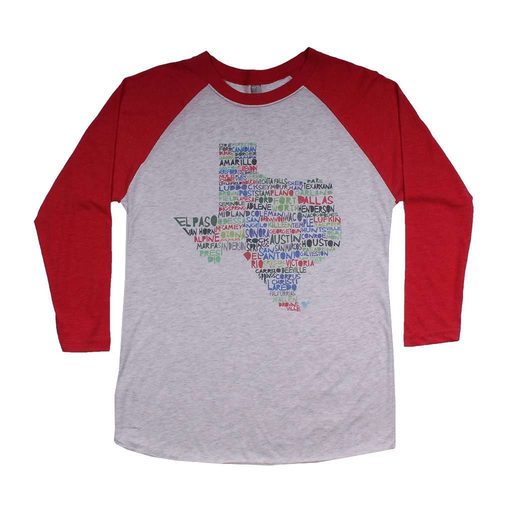 Texas Cities and Towns Raglan Tee Shirt in Red by Southern Roots - Country Club Prep
