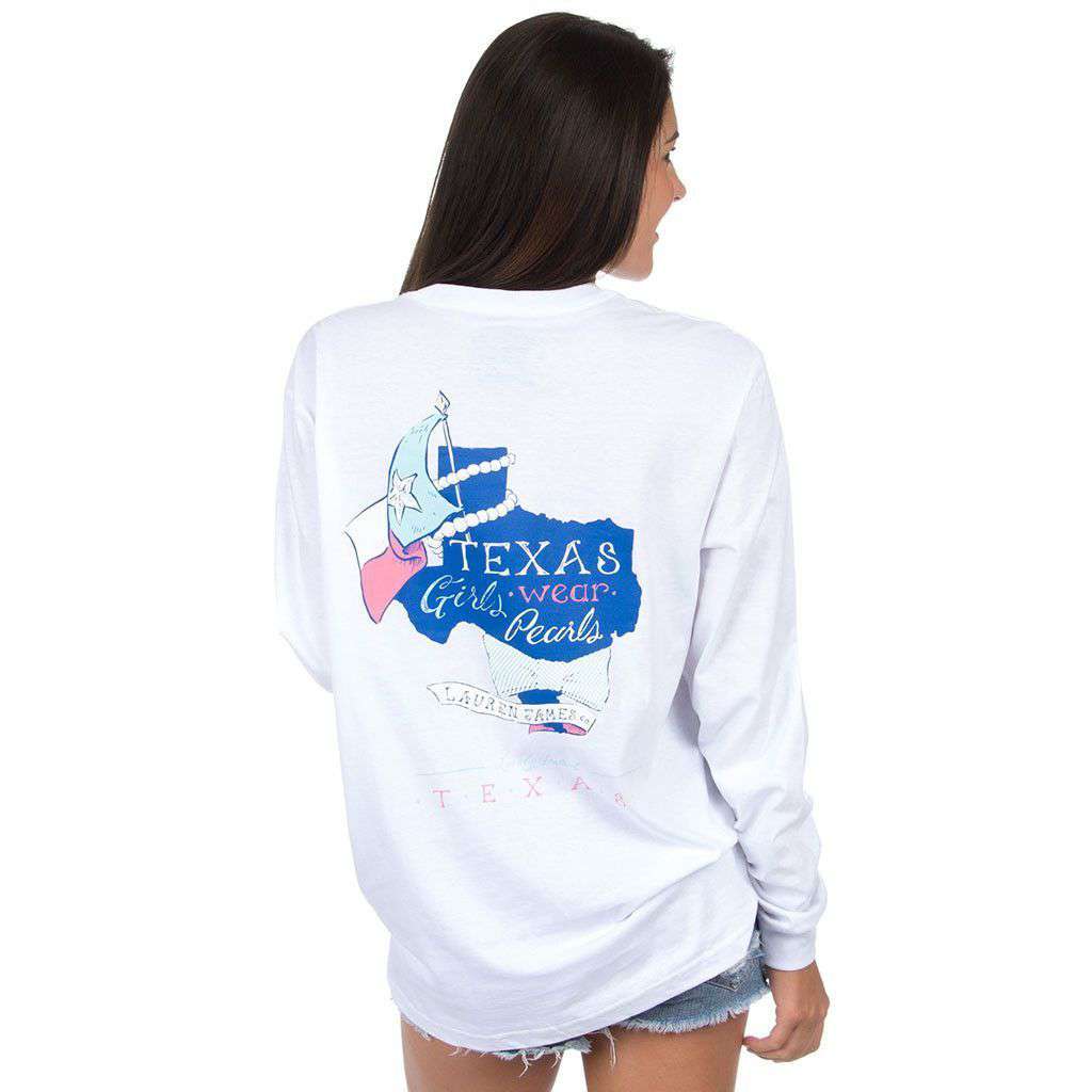 Texas Girls Wear Pearls Long Sleeve Tee in White by Lauren James - Country Club Prep