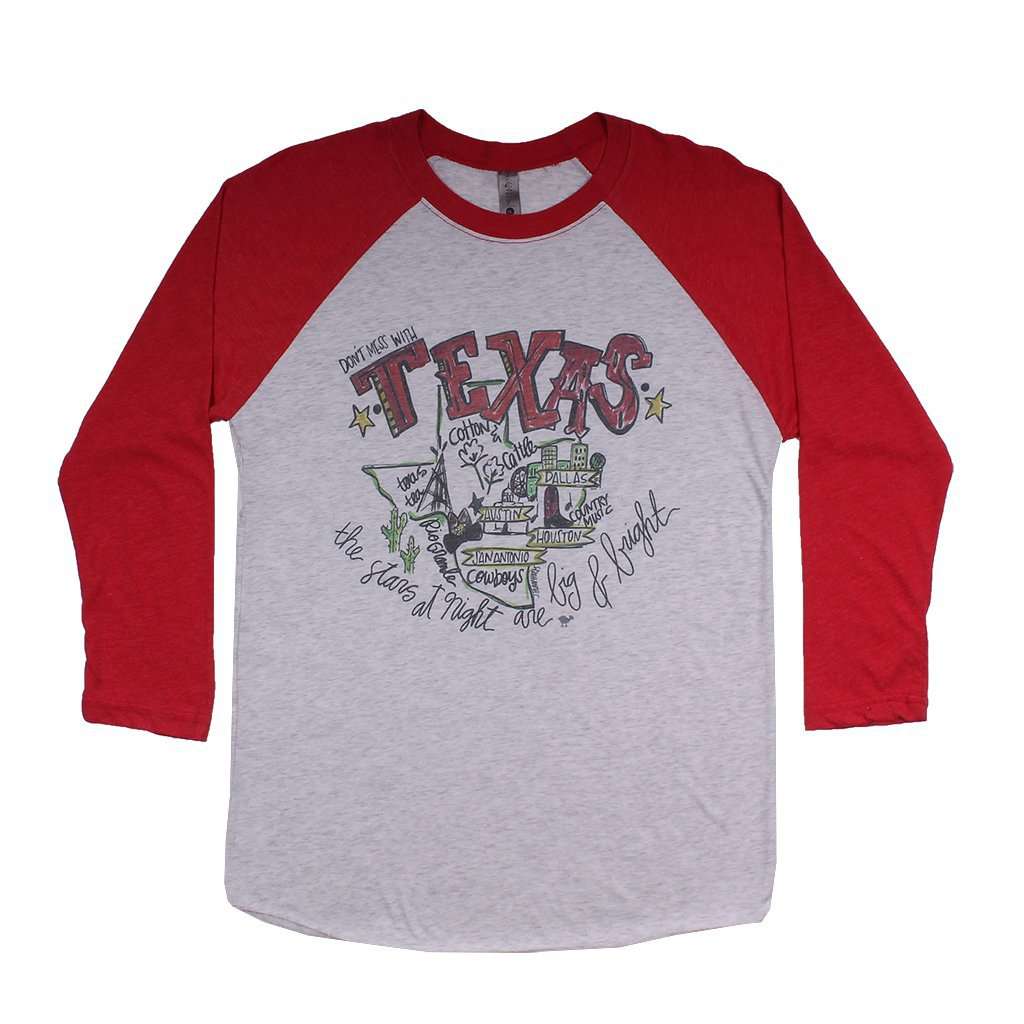 Texas Roadmap Raglan Tee Shirt in Red by Southern Roots - Country Club Prep