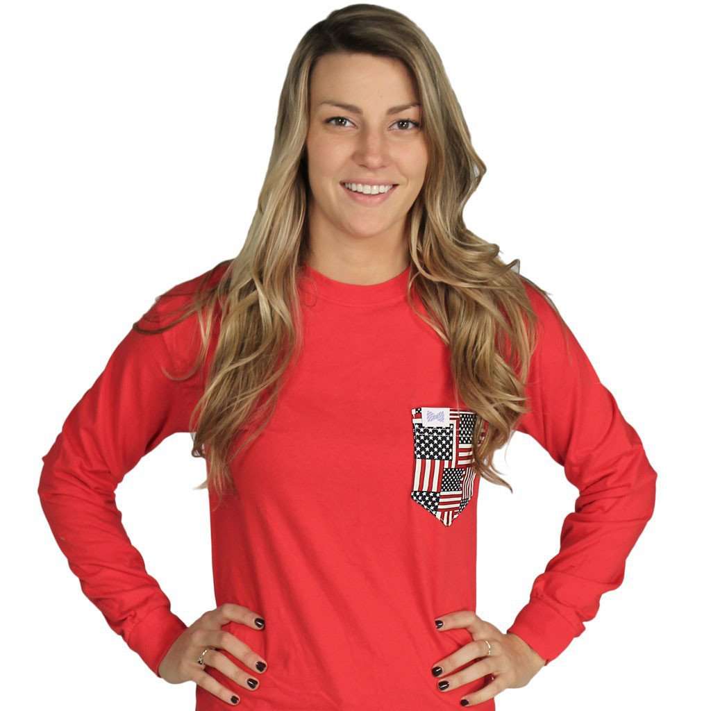 The Betsy Long Sleeve in Vermillion Red with American Flag Pocket by the Frat Collection - Country Club Prep