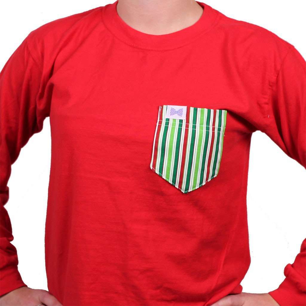 The Ewell Unisex Long Sleeve Tee Shirt in Red with Holiday Striped Pocket by the Fraternity Collection - Country Club Prep