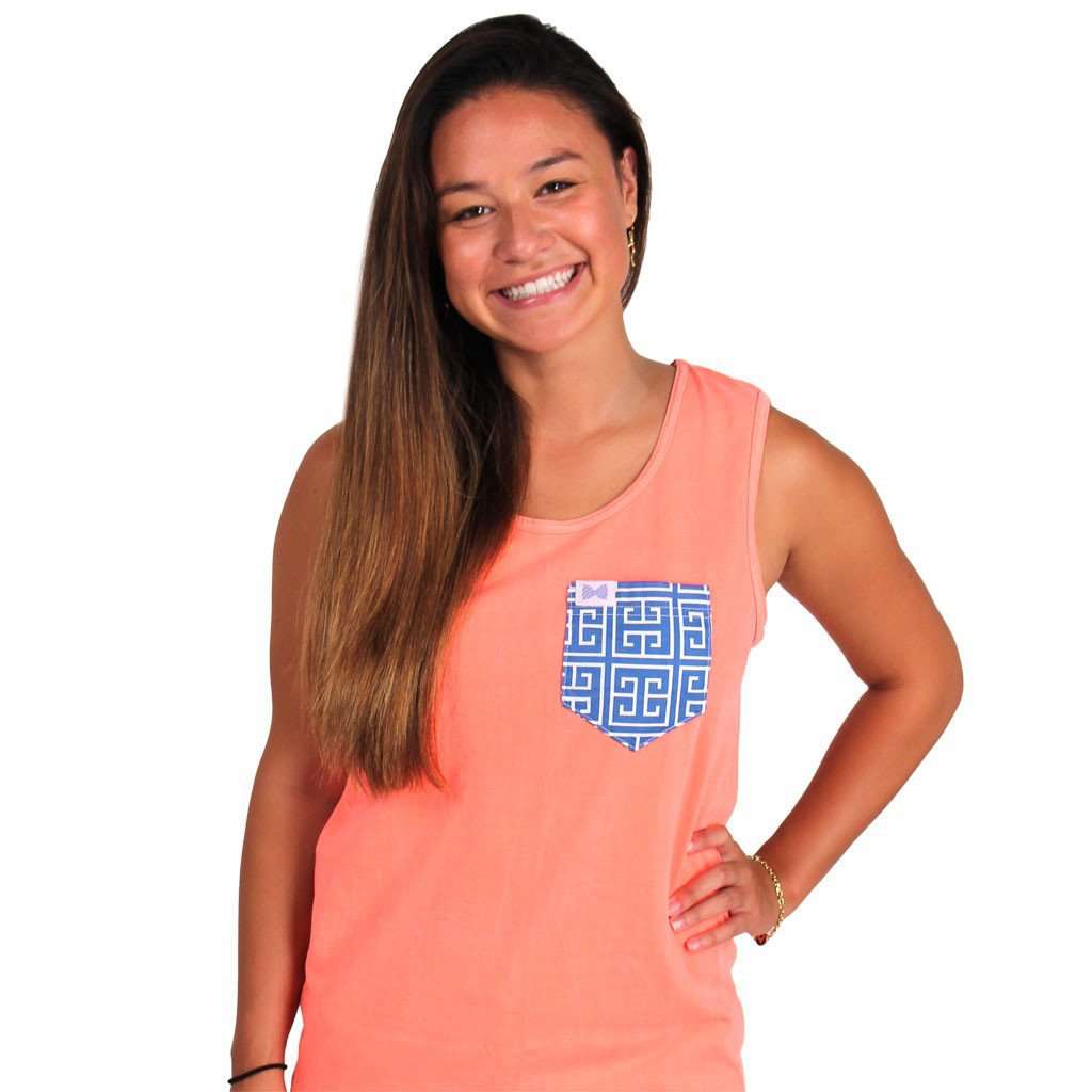 The Greek Key Unisex Tank Top in Neon Orange with Blue Pocket by the Frat Collection - Country Club Prep
