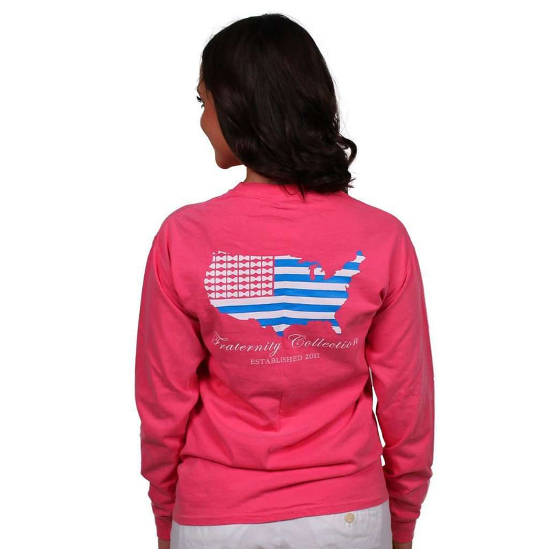 The Patriotic Long Sleeve Tee Shirt in Watermelon Pink by the Fraternity Collection - Country Club Prep
