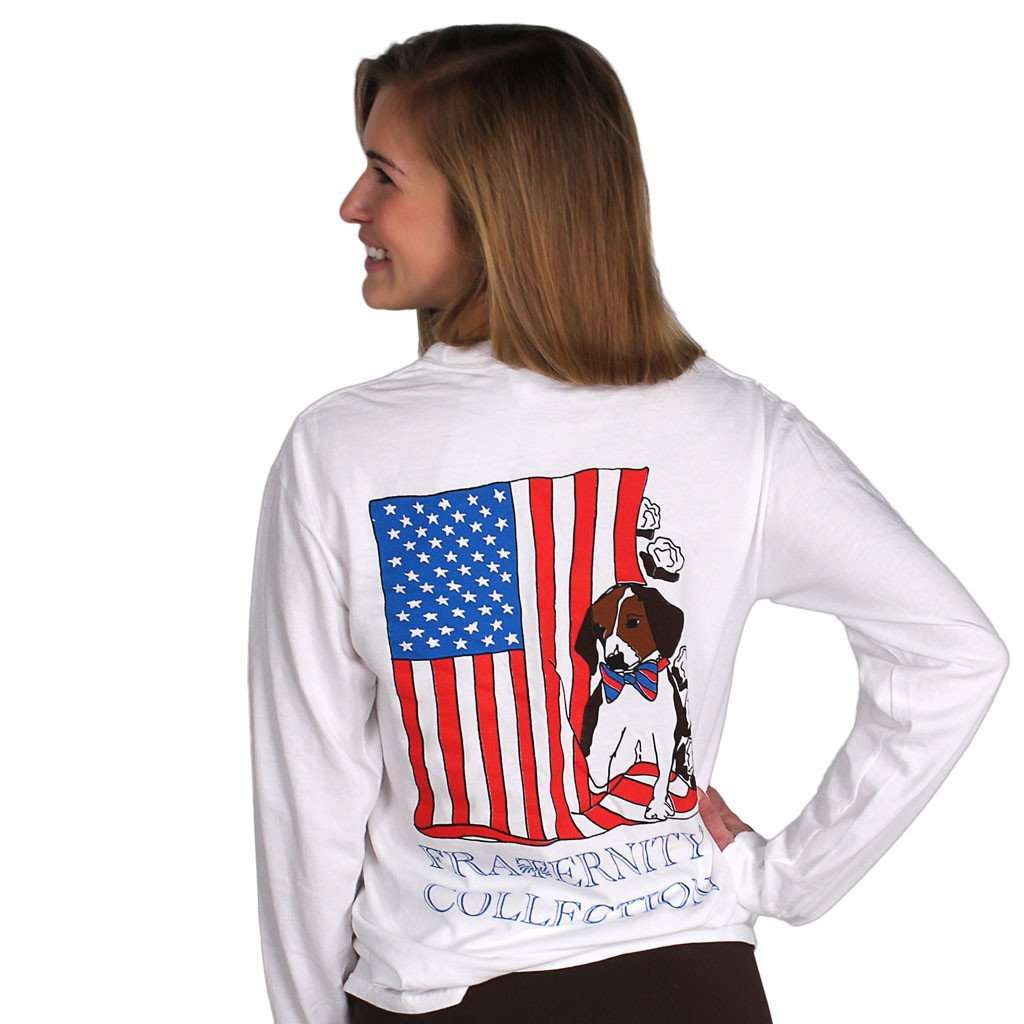 The Patriotic Puppy Long Sleeve Tee Shirt in White by the Fraternity Collection - Country Club Prep