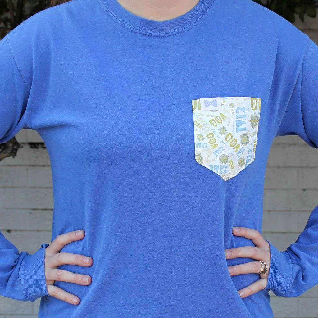 Theta Phi Alpha Long Sleeve Tee Shirt in Neon Blue with Pattern Pocket by the Frat Collection - Country Club Prep