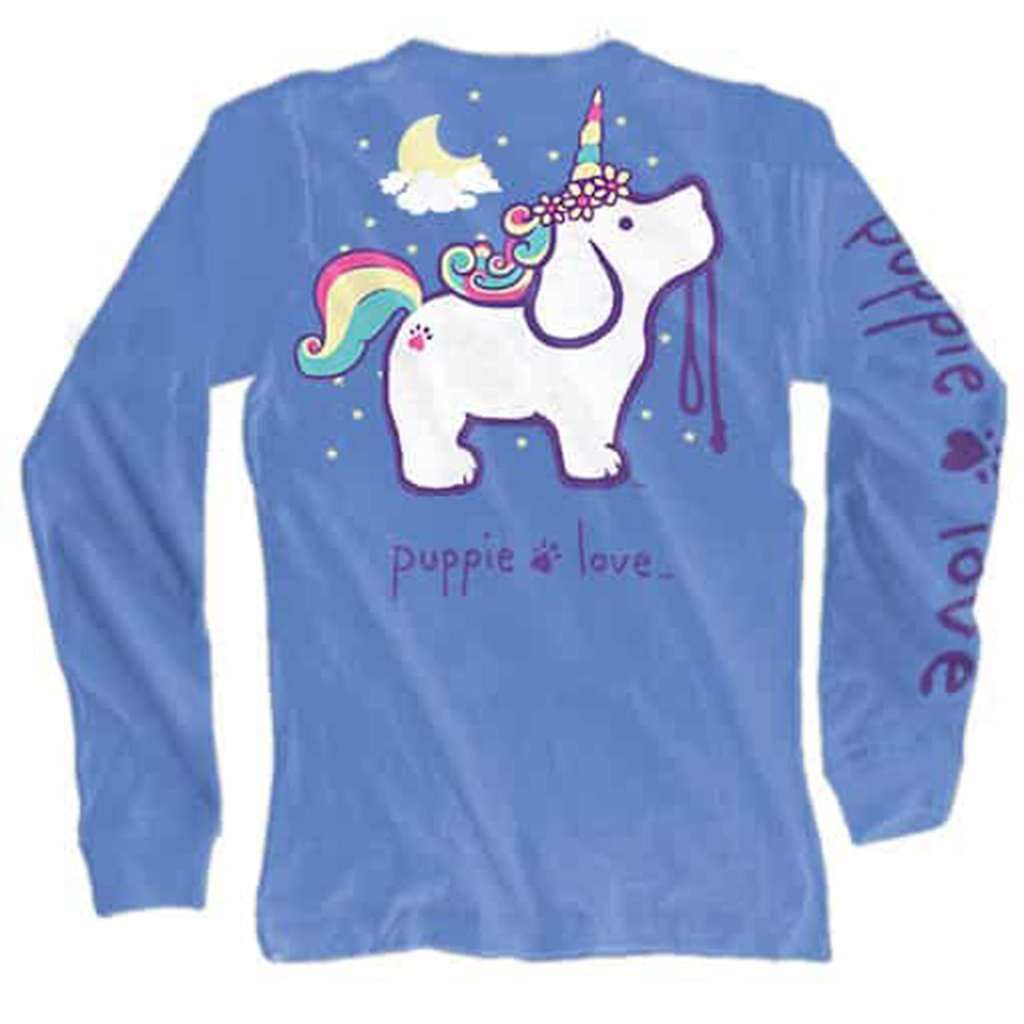 Unicorn Pup Long Sleeve Tee in Carolina Blue by Puppie Love - Country Club Prep