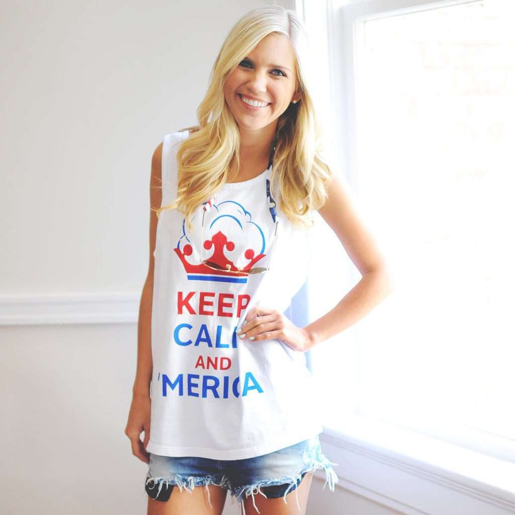 Unisex Keep Calm and 'Merica Tank Top in White by Lauren James - Country Club Prep