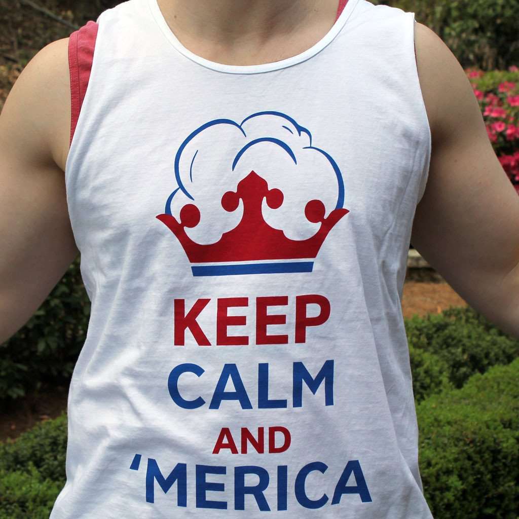 Unisex Keep Calm and 'Merica Tank Top in White by Lauren James - Country Club Prep