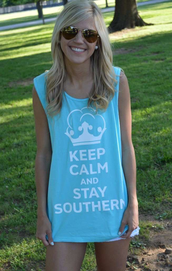 Unisex Keep Calm and Stay Southern Tank Top in Neon Blue by Lauren James - Country Club Prep
