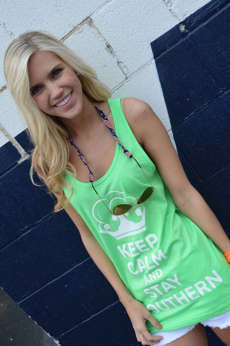 Unisex Keep Calm and Stay Southern Tank Top in Neon Green - Country Club Prep