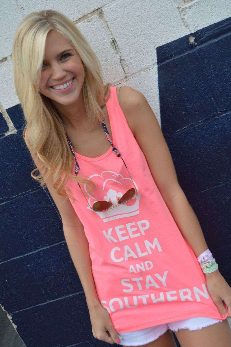 Unisex Keep Calm and Stay Southern Tank Top in Neon Pink by Lauren James - Country Club Prep