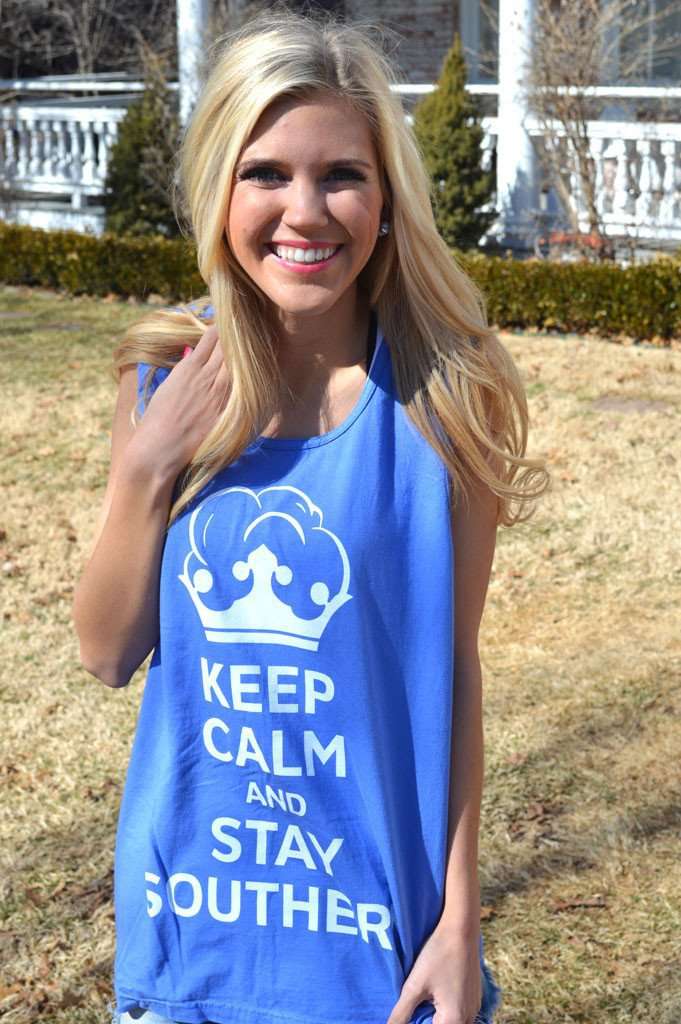 Unisex Keep Calm and Stay Southern Tank Top in Periwinkle by Lauren James - Country Club Prep