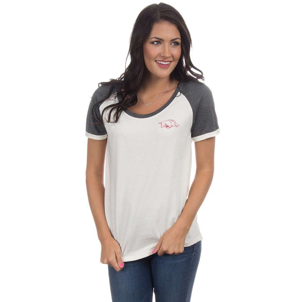 University of Arkansas Vintage Tailgate Tee in White & Heathered Grey by Lauren James - Country Club Prep